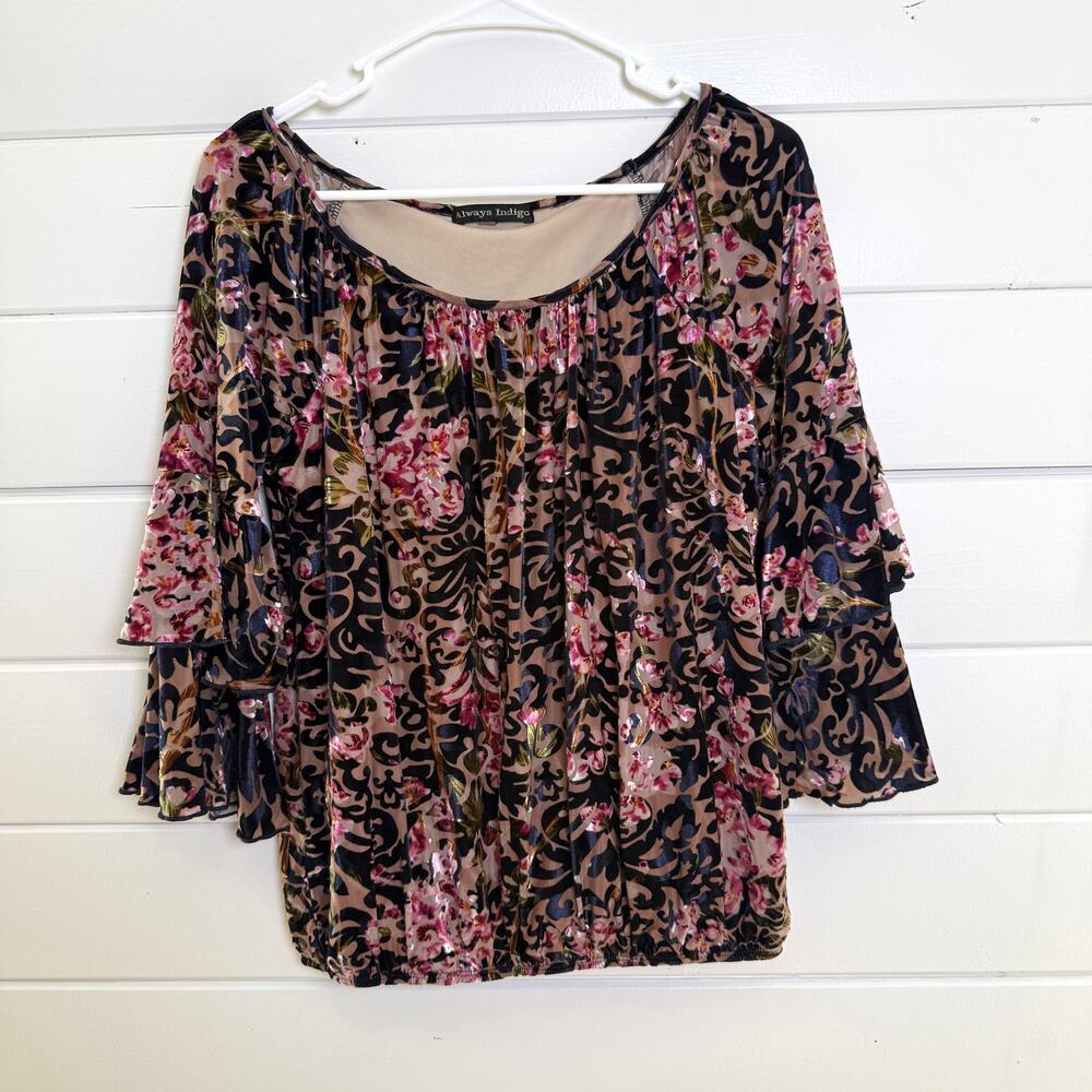Always‎ Indigo Blouse Womens Medium Multicolor Floral Tiered Ruffle